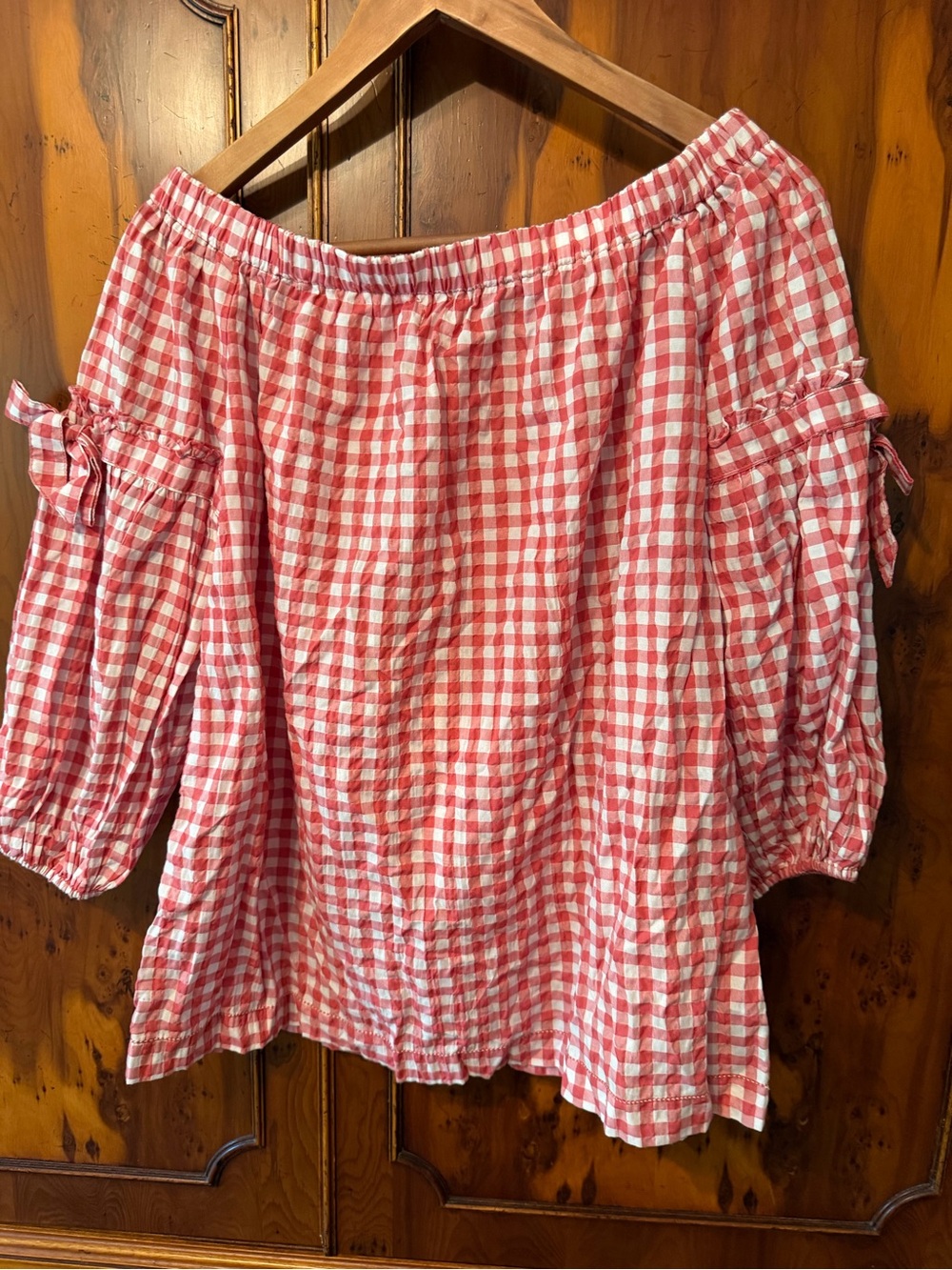 Max Studio White and Watermelon Gingham Off-Shoulder Tunic Sz S NWT
